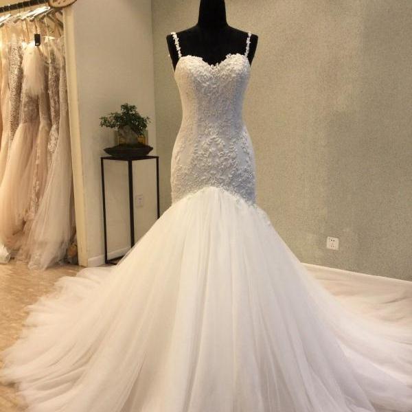 Free Shipping Sexy Spaghetti Strap Lace Appliqués Ivory Tulle Mermaid Wedding Dress Open Back