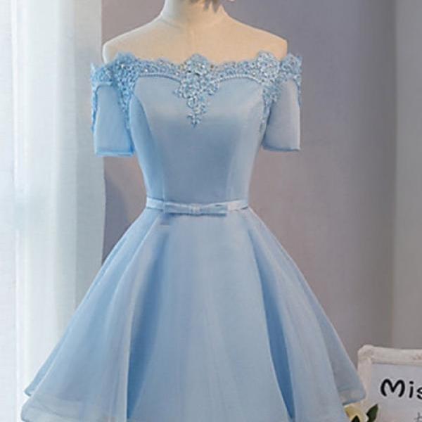 Elegant Off The Shoulder Lace Satin Short Prom Dresses, Baby Blue Prom ...