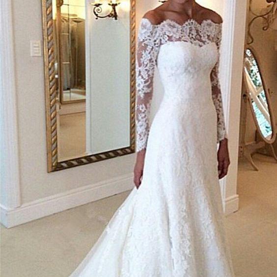 Open Back Floor Length Bridal Gowns, Long Sleeves Lace Beach Wedding ...