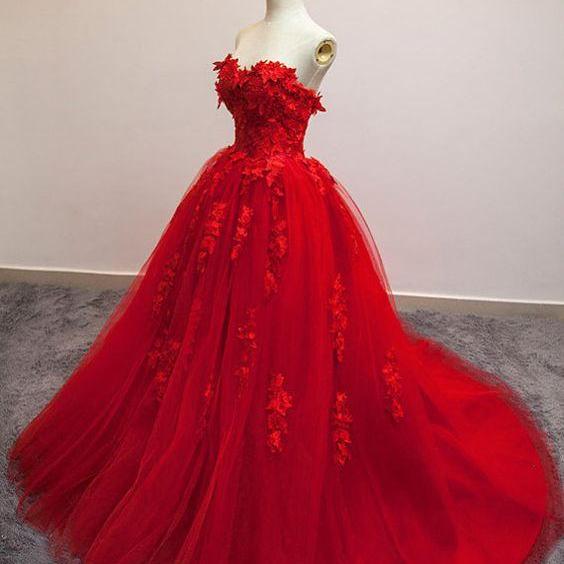 Red Floral Lace Strapless Wedding Gown, Red Wedding Dress, Tulle ...