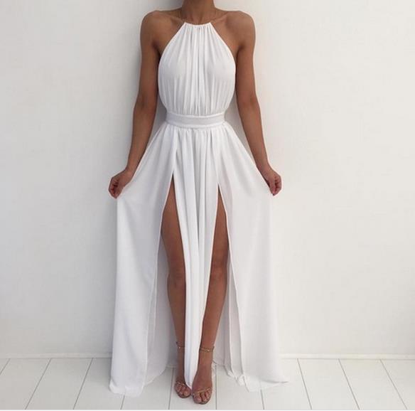 White Off Shoulder Halter A-Line Long Prom Dress Elegant Party Dress,DP1487 main image 1