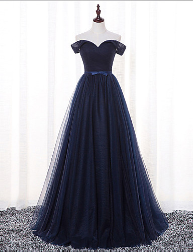 Elegant A-line Off-shoulder Navy Blue Tulle Long Prom Dress With Bow on ...