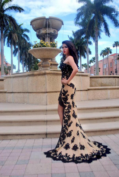 Hi Lo Black Lace Applique Prom Dresses Nude Beaded Sexy Evening Gowns High Low Prom Dress 