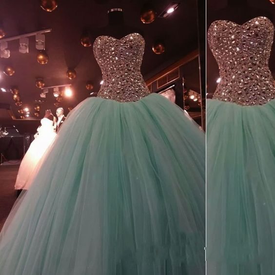 Princess Mint Green Tulle Strapless Long Prom Dress, Beaded Puffy Ball ...