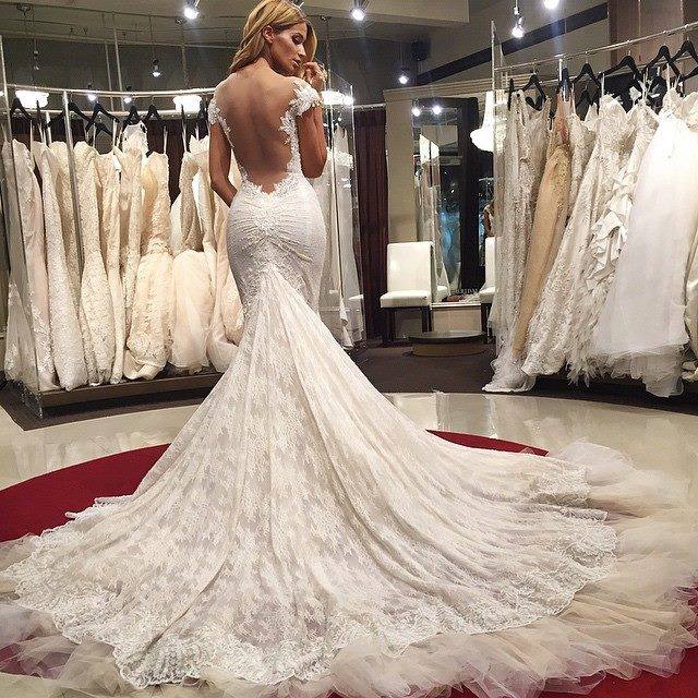 Sexy Mermaid Lace Backless Wedding Dresses 2016 Cap Sleeves